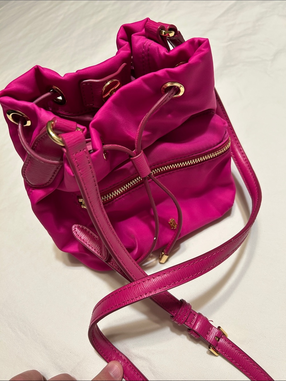 Ralph Lauren Fuchsia Drawstring Bucket Crossbody with Gold Hardware
